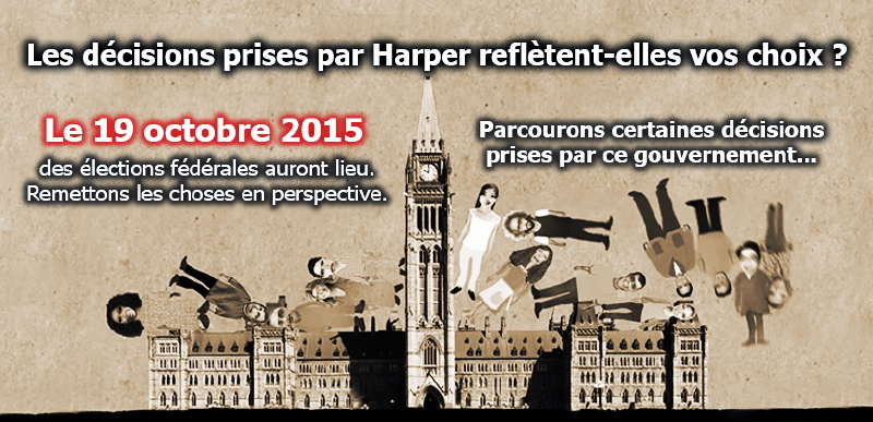Dessin du parlement d'Ottawa avec plusieurs petits citoyens tombés de coté sur le dessus du bâtiment ou à côté. Le 19 octobre 2015. Les décisions prises par Harper réflètent-elles vos choix ?